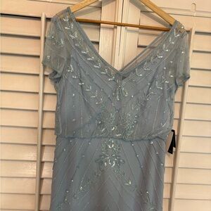 women's dark blue dress Blue Floral Embellished High Neck Flutter Sleeve Gown